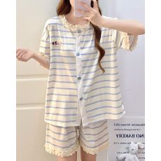 夏季新款针织螺纹睡衣女开衫蕾丝花边短袖短裤甜美家居服套装外穿