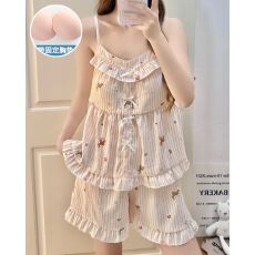 夏季新款梭织云朵棉带胸垫开衫吊带睡衣女甜美家居服套装可外穿