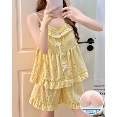 夏季新款梭织云朵棉带胸垫开衫吊带睡衣女甜美家居服套装可外穿