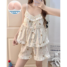 夏季新款梭织云朵棉带胸垫开衫吊带睡衣女甜美家居服套装可外穿