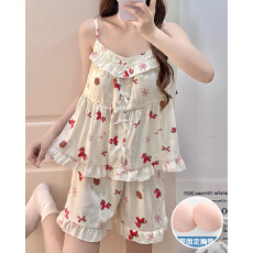 夏季新款梭织云朵棉带胸垫开衫吊带睡衣女甜美家居服套装可外穿