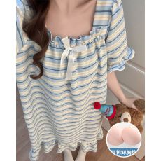 批发夏季新款睡裙女梭织云朵棉带胸垫甜美公主风中长睡衣家居服