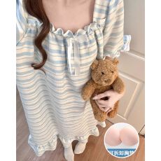 夏季新款睡裙女梭织云朵棉带胸垫甜美公主风中长睡衣家居服