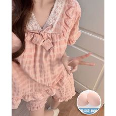 夏季新款睡衣女梭织彩棉色织格带胸垫短袖V领花边套装可外穿