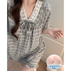 夏季新款睡衣女梭织彩棉色织格带胸垫短袖V领花边套装可外穿