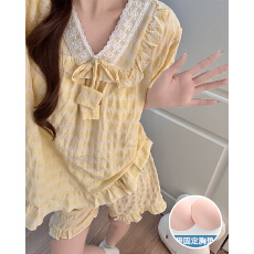 夏季新款睡衣女梭织彩棉色织格带胸垫短袖V领花边套装可外穿