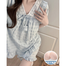 夏季新款睡衣女梭织彩棉色织格带胸垫短袖V领花边套装可外穿