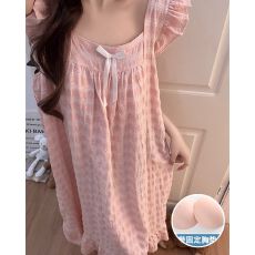 夏季新款睡裙女梭织彩棉色织格带胸垫甜美宽松家居服中长裙