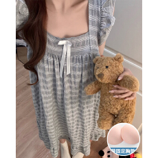 夏季新款睡裙女梭织彩棉色织格带胸垫甜美宽松家居服中长裙