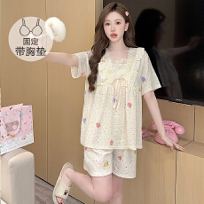 M-5XL泡泡布睡衣女夏季公主风带胸垫短袖短裤加肥大码220斤家居服