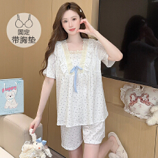 M-5XL泡泡布睡衣女夏季公主风带胸垫短袖短裤加肥大码220斤家居服