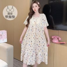 M-5XL泡泡布睡衣女夏季公主风带胸垫短袖中长睡裙大码220斤胖MM