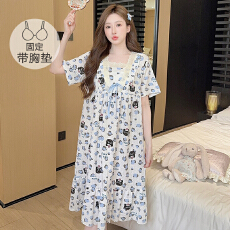 M-5XL泡泡布睡衣女夏季公主风带胸垫短袖中长睡裙大码220斤胖MM