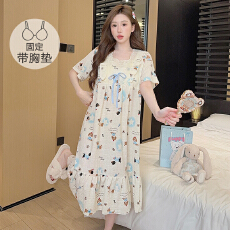 M-5XL泡泡布睡衣女夏季公主风带胸垫短袖中长睡裙大码220斤胖MM