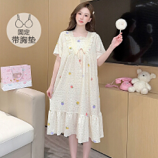 M-5XL泡泡布睡衣女夏季公主风带胸垫短袖中长睡裙大码220斤胖MM