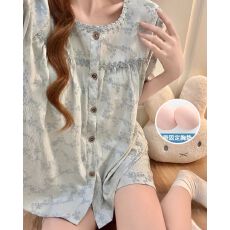 批发夏季新款睡衣女梭织云朵棉带胸垫开衫公主风短袖短裤套装可外穿