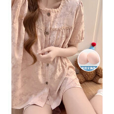 批发夏季新款睡衣女梭织云朵棉带胸垫开衫公主风短袖短裤套装可外穿