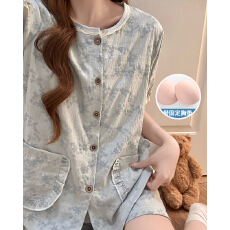 批发夏季新款睡衣女梭织云朵棉带胸垫开衫公主风短袖短裤套装可外穿