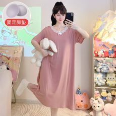批发XXL-5XL 莫代尔<b class='q'>睡衣</b>女夏季纯色带胸垫短袖中长睡裙加肥<b class='q'>大码</b>200斤