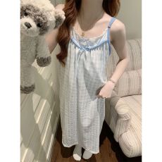 批发云朵棉睡衣女夏季吊带甜美可爱带胸垫中长款宽松睡裙家居服