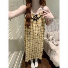 批发云朵棉睡衣女夏季吊带甜美可爱带胸垫中长款宽松睡裙家居服