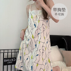 批发云朵棉睡衣女夏季吊带甜美花边带胸垫中长款宽松睡裙家居服