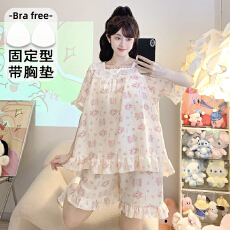 批发M-5XL 云朵棉睡衣女夏甜美公主风带胸垫短袖加肥<b class='q'>大码</b>220斤家居服