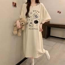 夏季新款睡裙女纯棉短袖圆领薄款学生少女甜美家居服中长裙可外穿