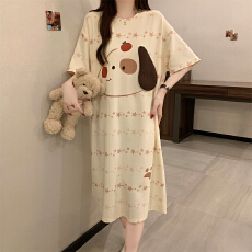 夏季新款睡裙女纯棉短袖圆领薄款学生少女甜美家居服中长裙可外穿