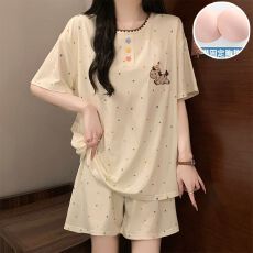 夏季新款睡衣女仿棉带胸垫短袖圆领卡通少女甜美家居服套装