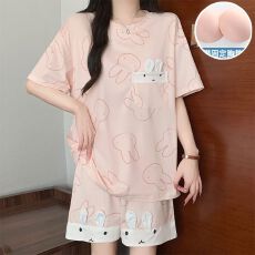 夏季新款睡衣女仿棉带胸垫短袖圆领卡通少女甜美家居服套装
