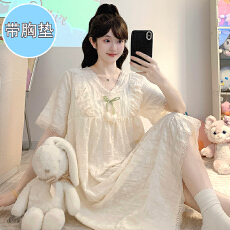 批发M-5XL带固定胸垫睡衣女<b class='q'>夏</b>季云朵棉短袖裙宽松大码220斤可穿家居服