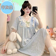 批发M-5XL带固定胸垫睡衣女<b class='q'>夏</b>季云朵棉短袖裙宽松大码220斤可穿家居服