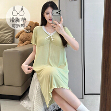 批发M-5XL 莫代尔<b class='q'>睡衣</b>女夏季公主风带胸垫短袖中长睡裙大码220斤胖MM