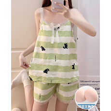 批发夏季新款睡衣女带胸垫云朵棉<b class='q'>蕾丝</b>吊带少女甜美家居服套装