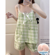 批发夏季新款睡衣女带胸垫云朵棉<b class='q'>蕾丝</b>吊带少女甜美家居服套装