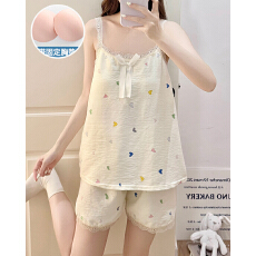 批发夏季新款睡衣女带胸垫云朵棉<b class='q'>蕾丝</b>吊带少女甜美家居服套装