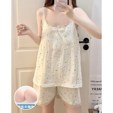 批发夏季新款睡衣女带胸垫云朵棉<b class='q'>蕾丝</b>吊带少女甜美家居服套装