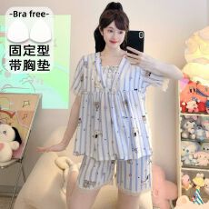 批发M-5XL 睡衣女云朵棉自带固定胸垫夏季甜美短袖短裤家居服套装外出
