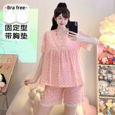 批发M-5XL 睡衣女云朵棉自带固定胸垫夏季甜美短袖短裤家居服套装外出