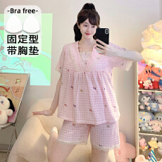批发M-5XL 睡衣女云朵棉自带固定胸垫夏季甜美短袖短裤家居服套装外出