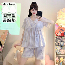 批发M-5XL 睡衣女云朵棉自带固定胸垫夏季甜美短袖短裤家居服套装外出