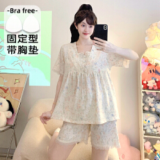 批发M-5XL 睡衣女云朵棉自带固定胸垫夏季甜美短袖短裤家居服套装外出