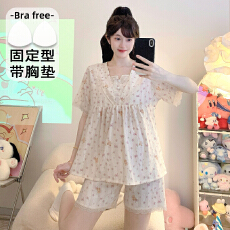 批发M-5XL 睡衣女云朵棉自带固定胸垫夏季甜美短袖短裤家居服套装外出