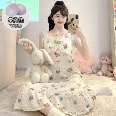 批发M-5XL 云朵棉睡衣女夏季<b class='q'>公主</b>风带胸垫吊带中长<b class='q'>睡裙</b>加肥大码220斤