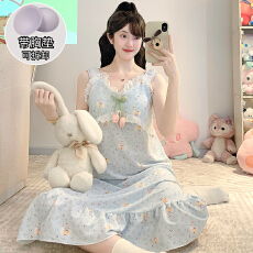 批发M-5XL 云朵棉睡衣女夏季<b class='q'>公主</b>风带胸垫吊带中长<b class='q'>睡裙</b>加肥大码220斤