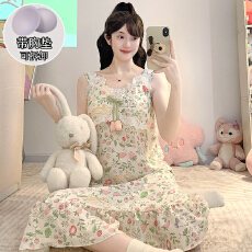 批发M-5XL 云朵棉睡衣女夏季<b class='q'>公主</b>风带胸垫吊带中长<b class='q'>睡裙</b>加肥大码220斤