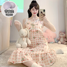 批发M-5XL 云朵棉睡衣女夏季<b class='q'>公主</b>风带胸垫吊带中长<b class='q'>睡裙</b>加肥大码220斤