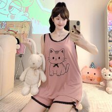 批发M-5XL 莫代尔睡衣女夏季<b class='q'>背心</b>卡通短袖短裤套装加肥<b class='q'>大码</b>220斤胖MM