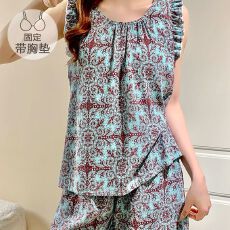 批发M-5XL云朵棉睡衣女夏季带固定胸垫短袖<b class='q'>短裤</b>套装加肥220斤大码家居